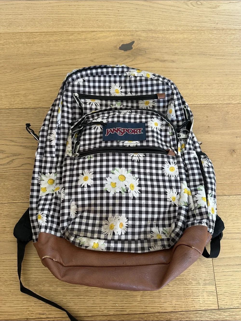 Jansport Black & White Gingham Daisy Backpack with Brown Base